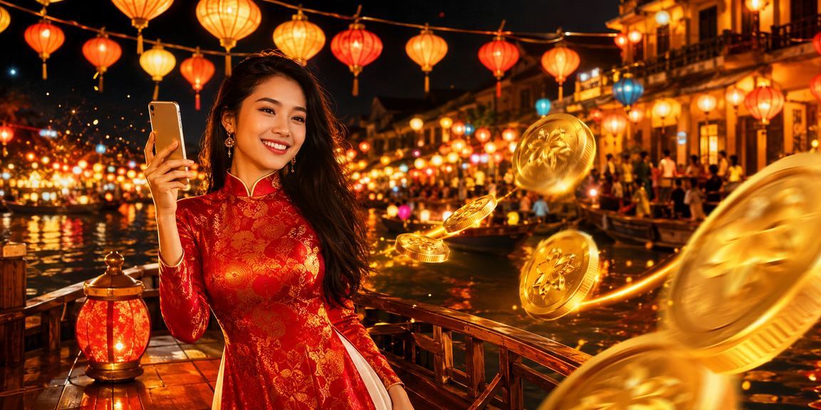 Người dùng tại Hội An trải nghiệm casino trên di động với trang phục áo dài truyền thống
