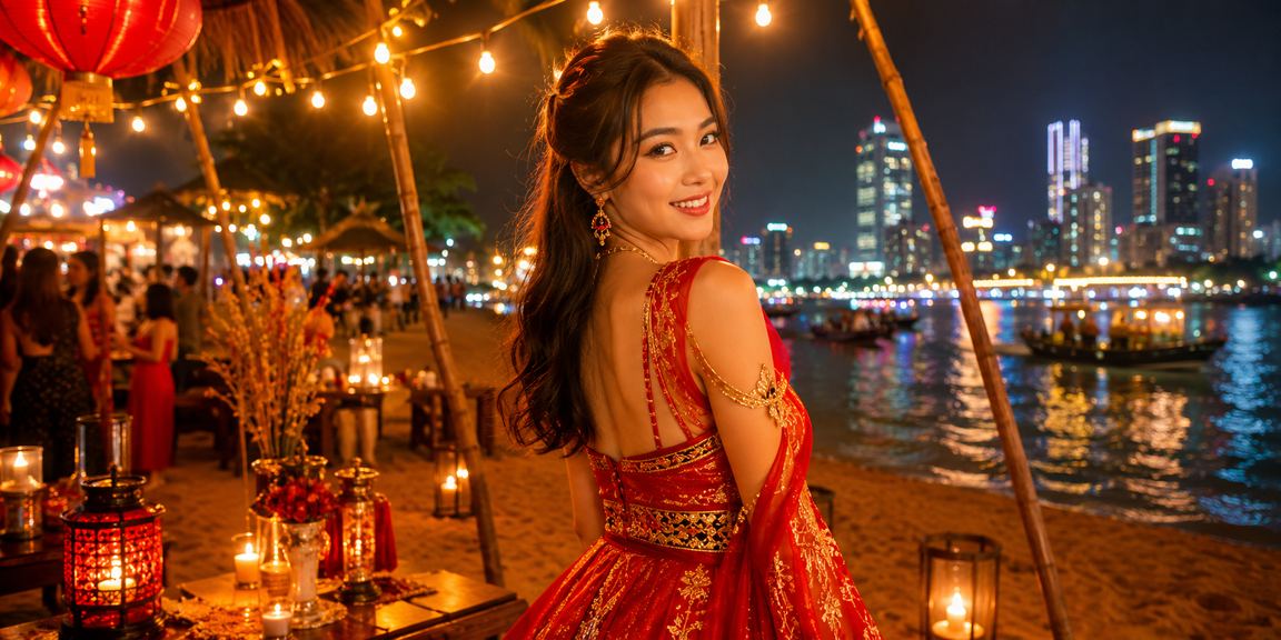 Quang cảnh chợ đêm Sài Gòn với người dùng kiểm tra giao dịch thanh toán trên điện thoại
